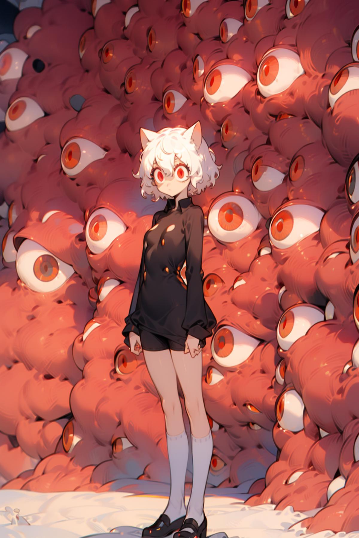 A girl with white hair and a short skirt standing in front of a large red eye wallpaper.