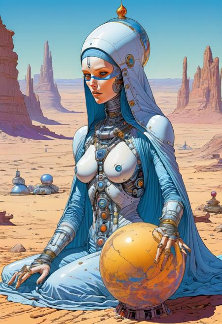 closeup, illustration, futuristic sci-fi sorceress, practicing alchemy in the desert, beautiful, technological, mystical, post apocalyptic, sharp, colorful, in the style of Jean Giraud, in the style of Moebius