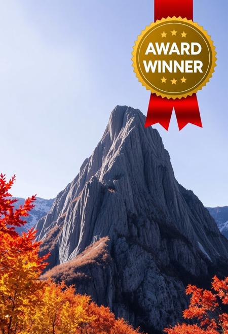 Award-winning photography, towering mountain peak, autumn scenery with vibrant fall colors, clear sky with no clouds, crisp atmosphere, golden and red leaves, sharp mountain textures, dramatic sunlight, wide-angle shot, professional composition, serene and peaceful.