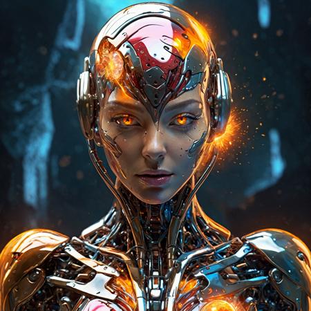 Human anatomy, (fragmented body parts, 3d spoon fragmentation of body, spoons and orbs breaking off face, cgi surreal masterpiece, vibrant colors, rim lighting, magical fragmentation, biosphere decomposition, high detail, floating parts:1.4), detailed cosmic background, fractal art, galaxy light vision, 16k, astral concept art, sharp lines, intricate, sophisticated, female,  <lora:add-detail-xl:0.64>,  fiery glow, fiery eyes, android, cyborg, supernova, dynamic angle