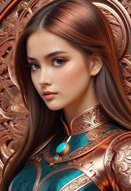 CopperCopper theme, intricate details, ultra sharp, exquisite detail, flawless composition, vivid colors, masterpiece, Super model, portrait, stoic, expressionless, beautiful, photorealistic, UHD, 8K, masterpiece, detailed, ultra_high_resolution, lots of detail, YurYuna, brown hair, modest, sfw, gorgeous, looks beautiful and aesthetic, colorful background, key visual, luxurious, artistic, high resolution, digital art, visual aesthetics, contemporary design, vibrant colors, artistic composition,  elegant, intricate detailing, modern,