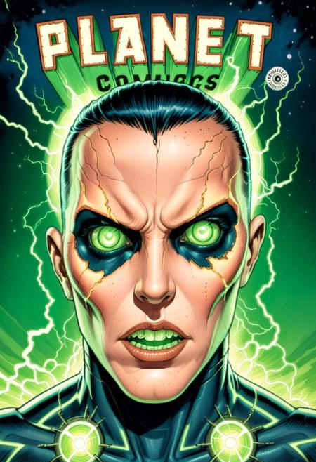 Glowing eyes. Danger. Entity. Illustration. Fabulous palette. Grand composition. Comic book cover. Comic book panel. Sci fi. 
Expressive eyes.  Edgy. Mean. Fun. Celestial backdrop. 
detailed skin, pores, sweat, blush, tan
Necron, electricity, green glow, green theme,