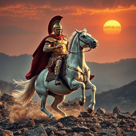 roman soldiar, roman general, roman swordmen, ridin, white horse, Roman soldier on horseback, galloping on rocky terrain, wearing golden armor and red cape, ancient helmet with plume, dramatic sunset in background, cinematic lighting, mountains in the distance, dynamic action pose, dust clouds around hooves, epic historical atmosphere, realistic style, spiky stones, ontop of stone, feare full