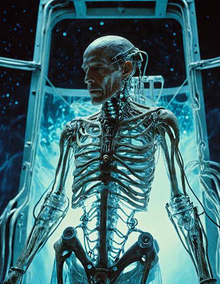 Surrealist art breathtaking cinematic film still close-up of aged manâs emaciated body wrapped in exoskeletal support frame, machinery fused into arms and spine, nutrient fluid cycling through transparent veins, tubes pumping oxygen into synthetic lungs, bio-monitoring HUD overlaid on visor, soft blue ambient light pulsing with his heartbeat, background shows the vast starfield through a cracked viewport,1980s retrofuturism aesthetic,dramatic top-down lighting,ultra-high detail,photographed on Kodak Ektar 100 film,shot with a Canon EOS-1V and 50mm f/1.2 lens,cinematic composition,mood of clinical detachment and quiet decay,<lora:add-detail-xl:1>,OverallDetailXL,ArsMovieStill,<lora:MJ52_v2.0:0.7>,<lora:EldritchCandids1.1.2:0.3>,<lora:EpicF4nta5yXL:0.4>,<lora:Year_3000_Movie_Stills:0.7> . shallow depth of field, vignette, highly detailed, high budget, bokeh, cinemascope, moody, epic, gorgeous, film grain, grainy . award-winning, professional, highly detailed . Dreamlike, mysterious, provocative, symbolic, intricate, detailed