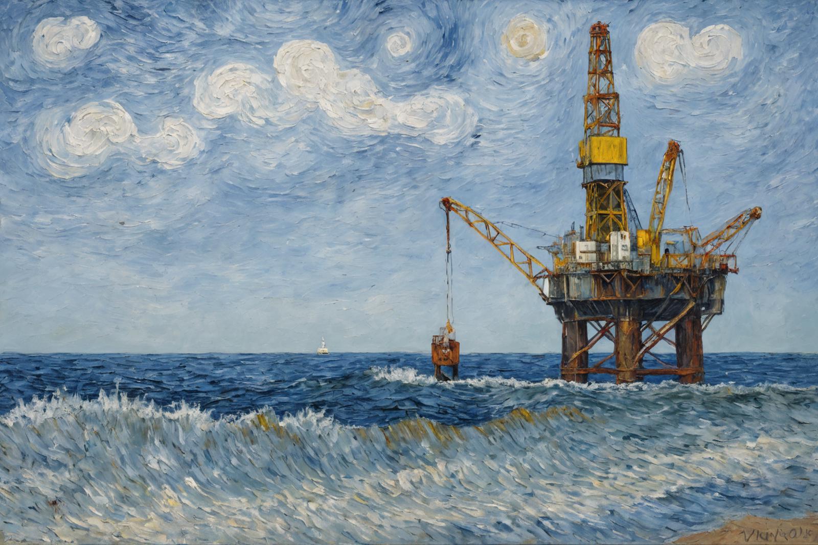Oil Rig on a Painting of a Wavy Sea with a Boat in the Background