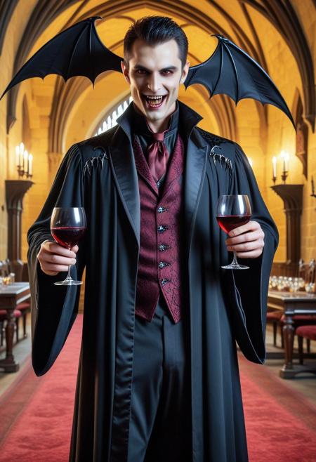 masterpiece, high score, great score, absurdres
,best quality,amazing quality, newest, absurdres, highres, sfw, rating:safe, cf_style, 1 male vampire, fangs, robe, inside gothic castle, bats, holding glass of red wine,suit,