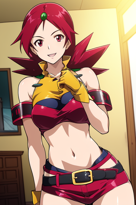 Naomi Fluegel, red hair, spiky hair, red eyes, yellow gloves, red thighighs, red shorts, thighs, green hair ornament, arm bands, exposed shoulders, large breasts, red high heeled boots, indoors, smile, navel