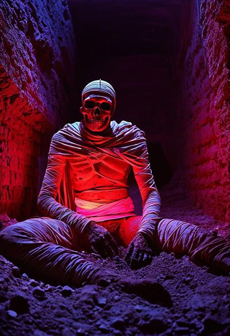 undead mummy wrapped in ancient bandages, awakening in a buried pyramid
silhouette ,
in the style of the decaying empire of Wrstreich, dark magic and grotesque creatures abound, inspired by Sean Aaberg's punk aesthetic, dark fantasy world combines grim landscapes with vibrant, exaggerated neon colorful art, old 80's VHS dark fantasy, VHS screen grab, grainy, old footage