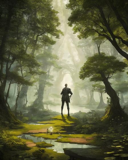 a man standing in a forest looking at a lake with a lantern hanging from it's ceiling and a forest scene in the background, fantasy, trees, landscape, by advntr