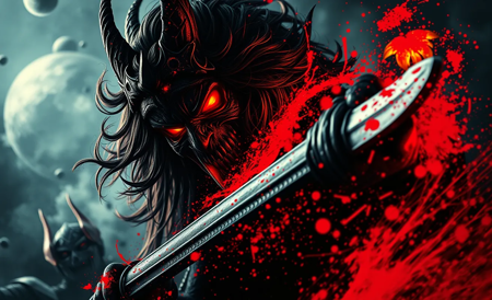 Epic dark fantasy vibrantly colored hyperdetailed ink art depicting legendary defiance against impossible odds. Strong top lighting effect. Volumetric lighting. Chiaroscuro oil painting by Caravaggio. Vivid red powder. Deep glow effect, cinematic light bloom, cinematic lens flare. Grimdark, gritty, intense, volatile. Hypermaximalism. Motion blur. Full-frame fisheye lens. 32K cinematic hyperrealistic fantasy ultradetailed masterpiece. 