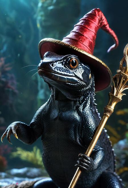 ancient giant black salamander, wearing wizard hat, holding metalic wizard staff, magic staff overflowing magic, dark magic, dynamic action motion capture, colorful, bioluminescence, studio lighting, hyper detailed, (masterpiece, best quality:1.4), ray tracing reflection, sharp focus, shallow depth of field detailed background, (ultra realistic:1.2), (add details, more artful:1.4), 16k, OverallDetail