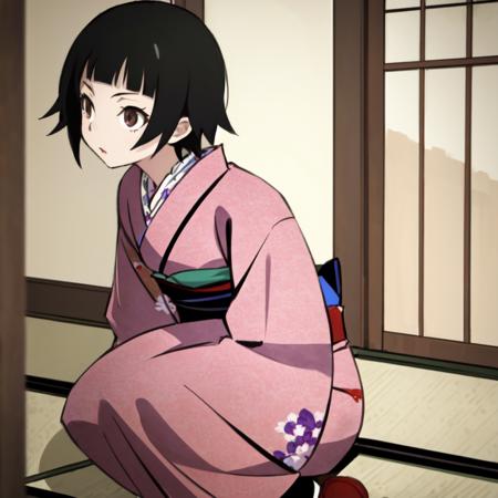 (masterpiece:1.2), ultra detailed,  <lora:MatoiTsunetsuki:0.7>,1girl,  Matoi, (hiding),  behind a door, (crouched), kimono, bedroom,  persistent stare,  best quality