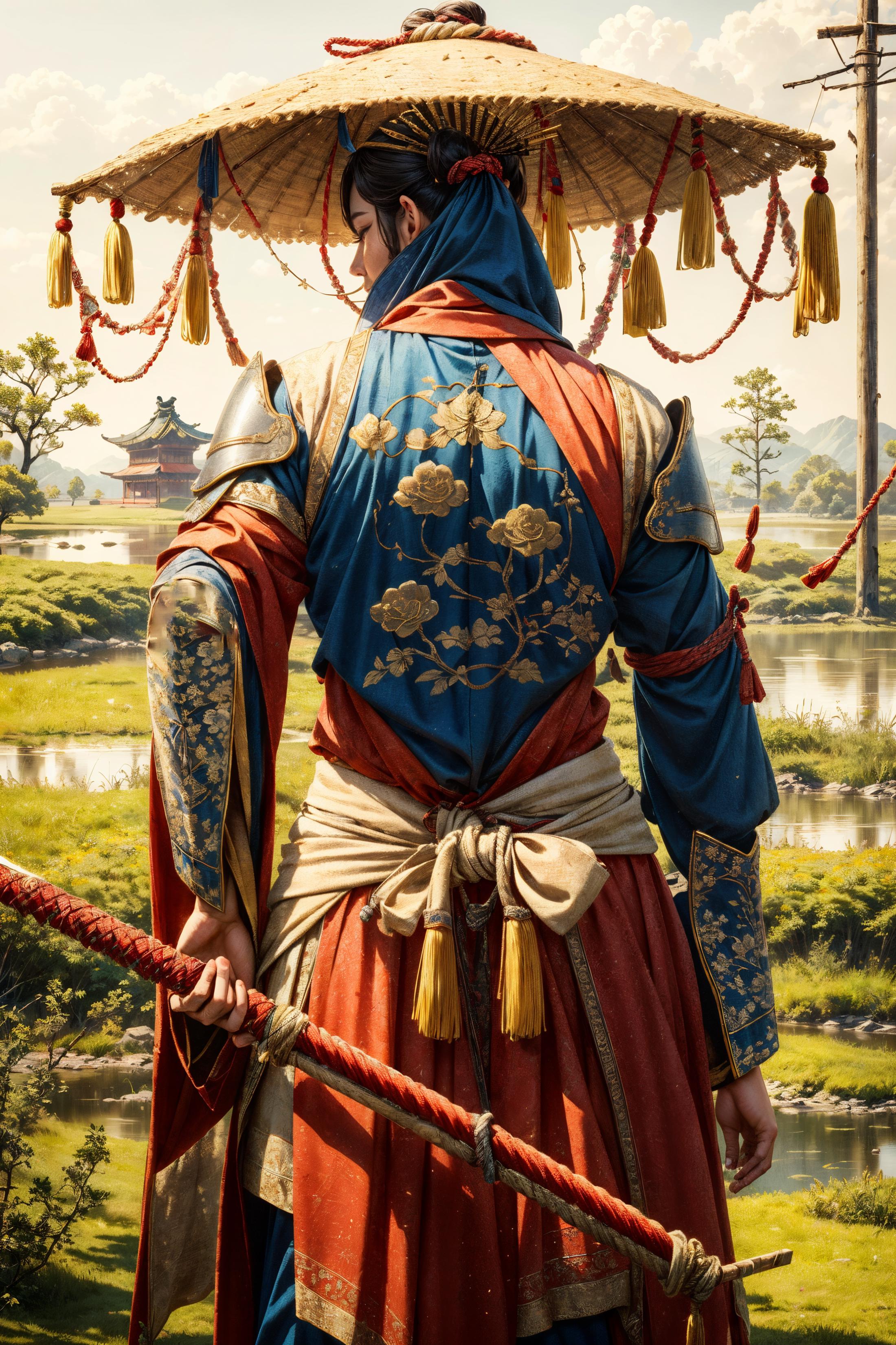 A person wearing a blue and red outfit, holding a red rope.