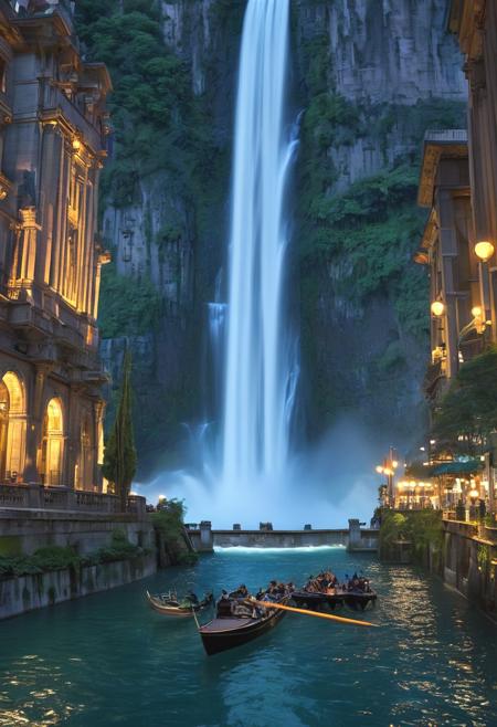 (Hyperdetailed Matte Painting:1.4), Render the scene in a hyperdetailed 8K matte painting style, capturing the intricate details of thePanoramic night scene of a sci-fi city inspired by Studio Ghibli and Alphonse Mucha. A majestic waterfall cascades down a central skyscraper, its water illuminated by the moonlight. Intricate details on the waterfall evoke Mucha's Art Nouveau style. The cityscape stretches out on either side, bustling with futuristic activity. Selective focus blurs the background, drawing attention to the waterfall and the city in the foreground. The scene is incredibly detailed, high quality, and in 4K resolution.
venetian type rowing boat in the middle
Emphasize the epic scale of the metropolis and its surrounding environment, while hinting at the mysteries of the lost civilization that built it.