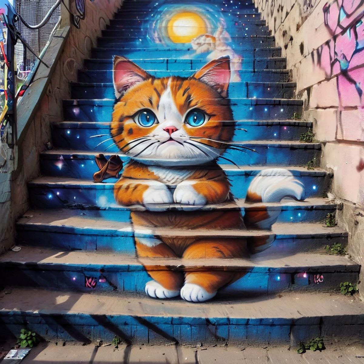 A cat painted on a staircase.