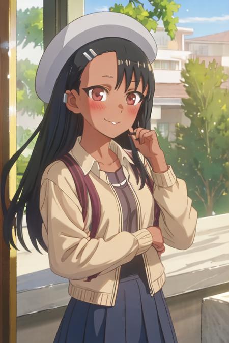 best quality, masterpiece, highres, solo, {nagatoro_hayase_donttoywithmemissnagatoro:1.15}, black_hair, long_hair, dark-skinned_female, dark_skin, brown_eyes, hairclip, hair_ornament, blush, bangs, smile, 1girl, close-up, portrait