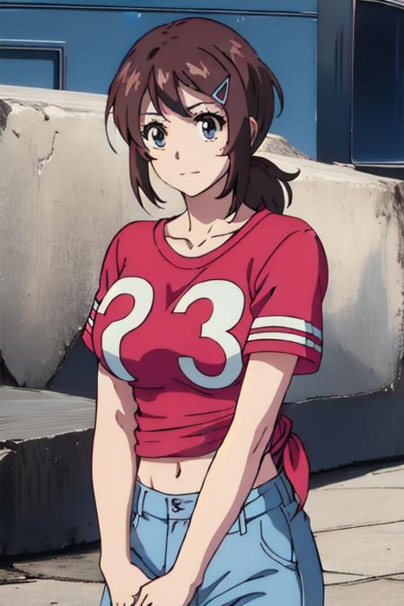 masterpiece,best quality,ultra-detailed,(detailed background, complex background:1.2),(perfect face, detailed face),1girl,solo,Brown hair,blue eyes,breasts,short hair,bangs,large breasts,hair ornament,collarbone,short ponytail,hairclip,red shirt,navel,collarbone,short sleeves,hairclip,midriff,pants,denim,t-shirt,clothes writing,jeans,tied shirt,cropped shirt,capri pants,pants rolled up,<lora:Megumi_Saitov5:0.9>,