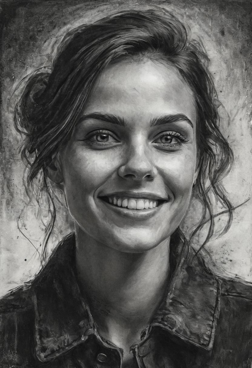 A charcoal monochrome, beautiful woman, joy, love, deep shadows, pinpoint bright highlights, playful smirk