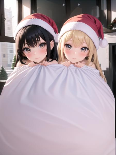 in bed room, a girl, naked bag, santas hat <lora:present bag-001:0.7>