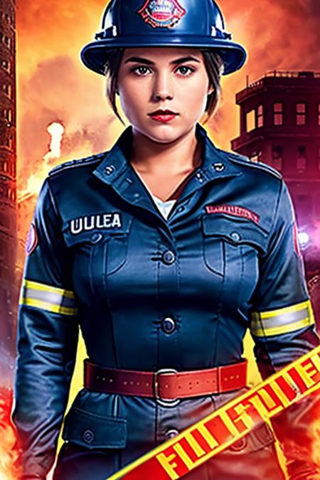 a photo of (MonicaRaymundV4-900:1.1) (in dressed as a firefighter blue:1.2), full body,((front view)), red lips, and a ((close up:1.3)), (black hair) , background is city ruins, (high detailed skin:1.2), 8k uhd, dslr, soft lighting, high quality, film grain, Fujifilm XT3