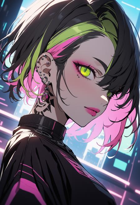 1girl, Holo-Punk Style, black hair, closed mouth, cyberpunk, ear piercing, earrings, eyebrow piercing, green eyes, green hair, hair over one eye, jewelry, lips, looking at viewer, multicolored hair, nose, piercing, pink hair, portrait, short hair, solo, streaked hair, tattoo, two-tone hair, undercut , cinematic angle, newest, cinematic angle, cinematic lighting, masterpiece, best quality , <lora:HoloPunkXL:0.5>