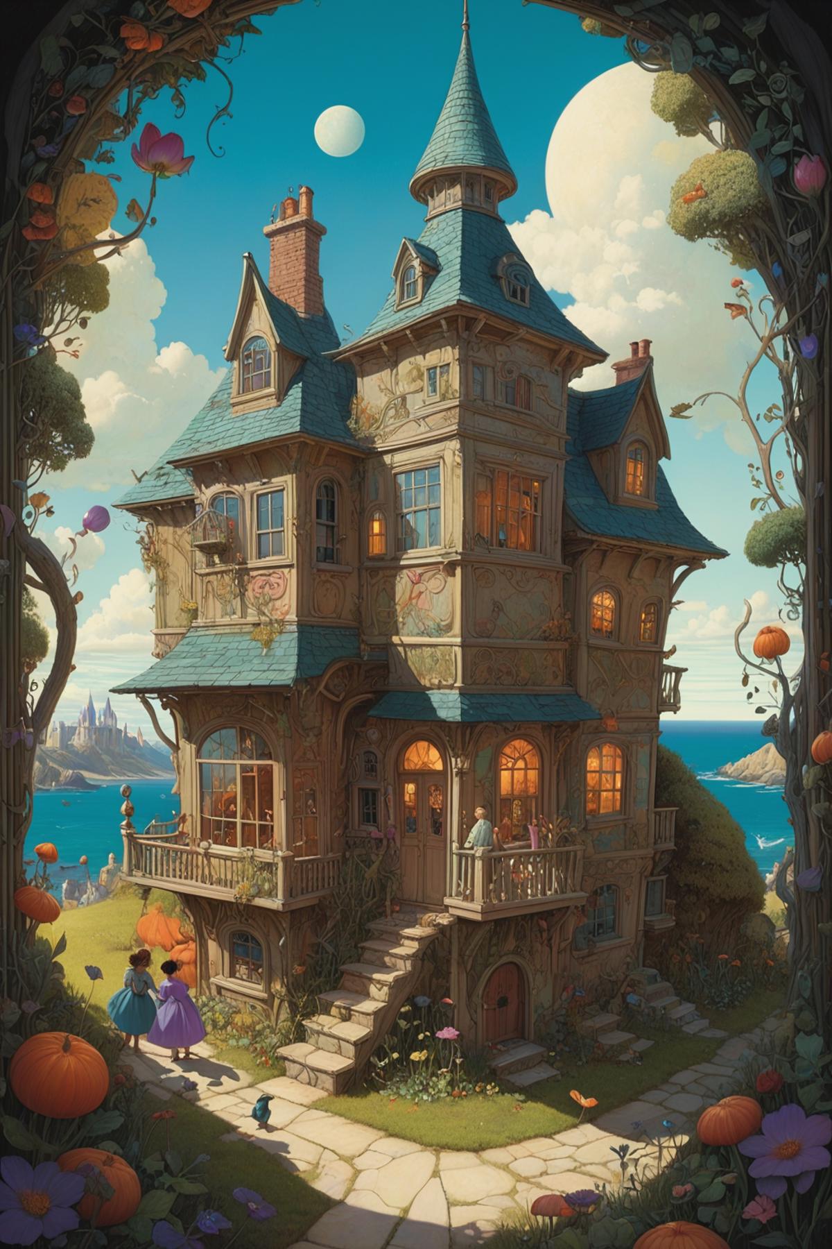 A whimsical painting of a large, blue, multi-story house with a wrap-around porch.