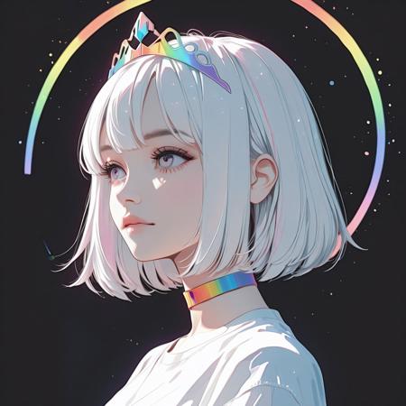 Semireal, semirealistic, masterpiece, best quality, absurdes, simple black background, rainbow side lighting, close up, from side, cel shading:1.3, western art /(style/), (straight on), 1girl, looking to the side, rainbow halo, bob cut, white hair, tiara, rainbow choker, white tshirt