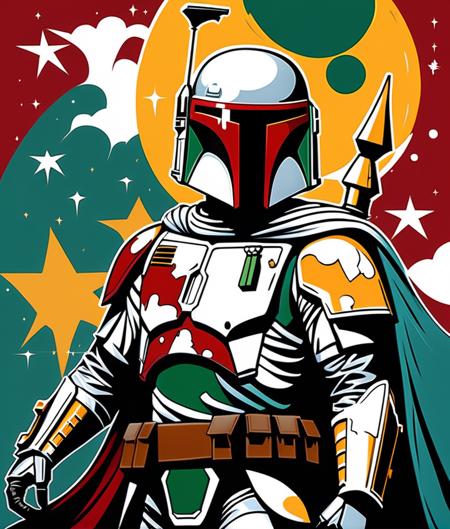 star wars boba fett by chris phu 1, in the style of graffiti-influenced style, cartoonish humor, silver, ragecore, caninecore, celestialpunk, dark white and red