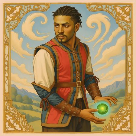 Wyll, Baldur's Gate 3, Baldurs Gate 3, afro american, braided short hair, casting green glowing magic with hands, moustache, scar on face,
art nouveau style, Alphonse Mucha Style, ArsMJStyle, Art Nouveau, AlfMch, style of Alphonse Mucha,
best quality, ultra-detailed,