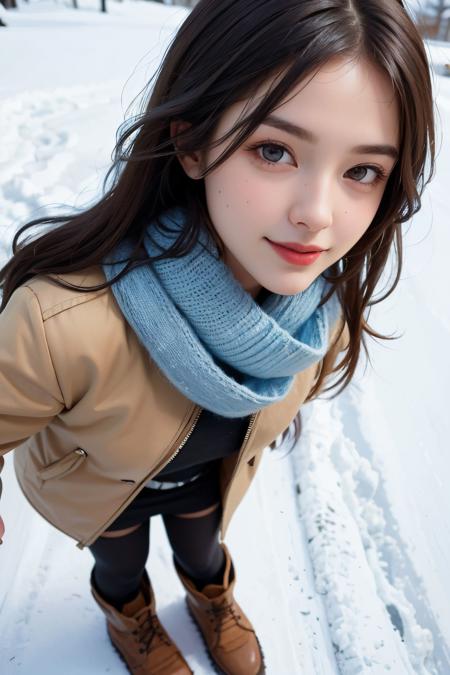 <lora:GirlfriendMix_v1:1>,(close-up:1.4),
(RAW photo:1.2), (photorealistic:1.4),(masterpiece:1.3),(best quality:1.4), dreamlike, (detailed eyes),(detailed facial features), (detailed clothes features), skin tight, (shiny skin),(slender girl),(slim girl), 1girl, ((full body)),solo, cute,smlie,(medium breasts), bangs, straight hair, long hair, black hair, black eyes, crystal pendant, Long blue scarf,White long wool coat,Black thick pantyhose,Brown snow boots,