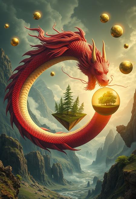/imagine prompt: A surreal, dreamlike landscape unfolds, where reality bends and twists into impossible forms. At the center, a majestic dragon with flowing, red scales is caught in an eternal chase, ouroboros shape,  its body weaving through a figure 8 infinity loop,  The dragon’s mouth is wide open, exhaling vibrant energy that seems to breathe life into the strange world around it. Floating in the air, golden spheres hover, some cracked open to reveal miniature forests growing within, as if entire ecosystems are contained inside these radiant orbs.