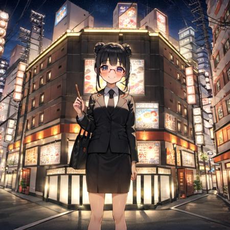 best quality, ultra-detailed, illustration,
1girl, japanese girl, cute, (shy smile), glasses, black hair, long hair, single hair bun, business suit, pencil skirt, business bag, blush, looking at viewer, standing, 
juso, lovehogai, scenery, japan, night, sign, outdoors, building, sky, road, city, power lines, street, lamppost, night sky, neon lights, light, utility pole, road sign, cityscape, english text,
<lora:lovehogai_juso_SDXL_V1:1>