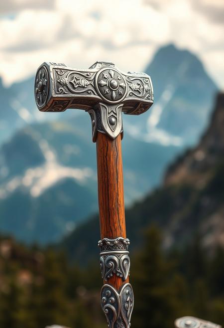 A fabulous Dwarven war hammer, bluish highlights sparking within its silver head, with arcane dwarven symbols etched into its side. It has a long highly polished oak haft with an intricate silver pommel, the rich grain showing through and elaborate scrollwork along its length. mountain panorama background, bokeh background
