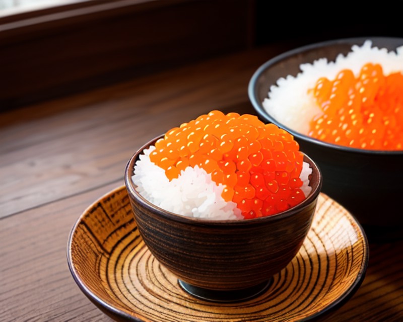 <lora:fish_roe_v1:0.5>,food, indoors, blurry, cup, no humans, food focus, still life, rice bowl, wooden table, orange roe,...
