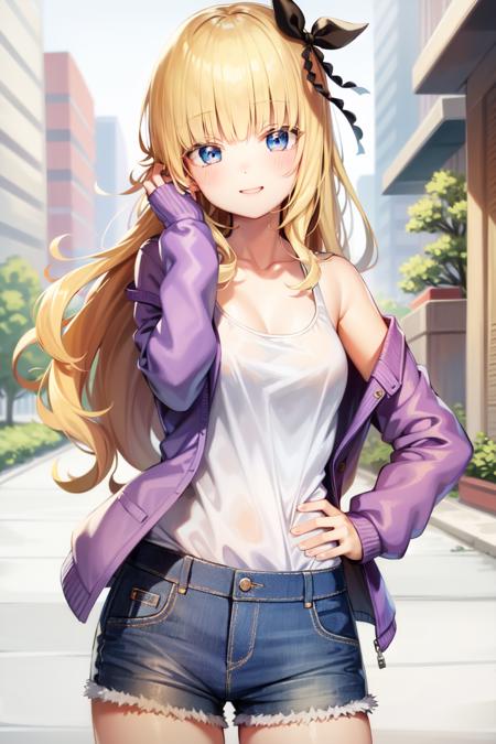 masterpiece, best quality, absurdres, perfect anatomy, cinematic lighting, JulietPersia, blue eyes, hair ribbon, 1girl, solo, outdoors, on street, smile, laughing, open jacket, jacket, tank top, casual, collarbone, denim shorts, hand on own hips, contrapposto