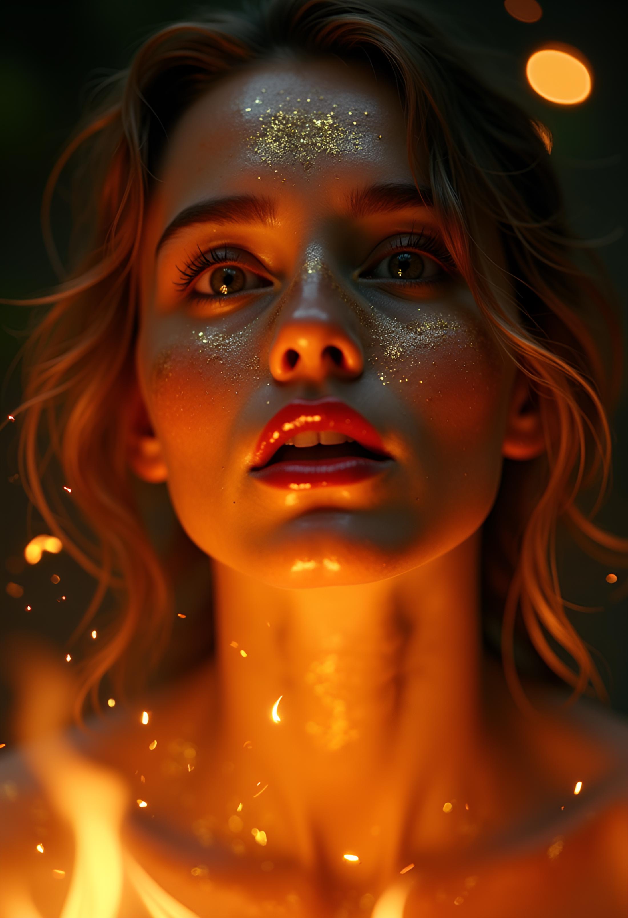 A movie film still of super very close-up portrait of a beautiful 18 year old woman with a mesmerizing and intense gaze, her face illuminated by warm, glowing light. She has glittering gold dust on her face, gold reflection in her eyes, and her lips are a deep, glossy red with shiny sparkles. The background is dark, with sparks and embers floating around her, creating a mystical and fiery atmosphere. Her expression is one of awe and wonder, with eyes reflecting the glowing light. Her hair is slightly messy, adding to the dramatic and ethereal feel of the scene. soaked film, 4k , 8k ,UHD, slightly sweaty skin.