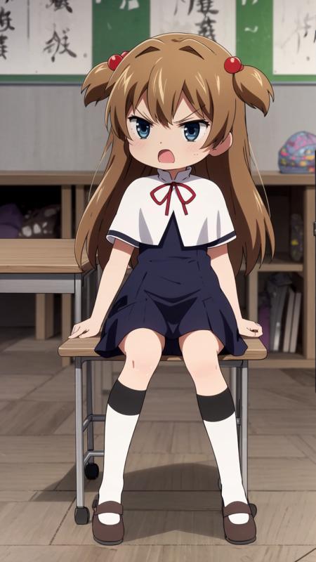 (masterpiece, best quality), ray tracing, absurdres,Jimeko-san, 1girl, solo, school uniform, socks, sitting, long hair, two side up, chibi, hair ornament, desk, brown hair, angry, black socks, shirt, white shirt, triangle mouth, kneehighs, school desk, shoes, open mouth, chair, ribbon, short sleeves, hair bobbles, white capelet, blue dress,<lora:Jimeko-san_v2:0.8>