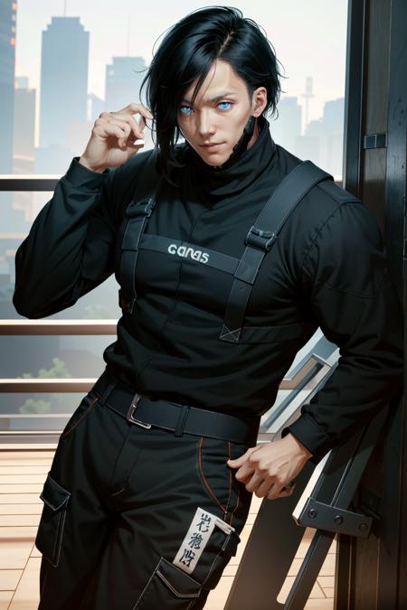 ((ultra detailed, masterpiece, best quality))
 <lora:CyberSandayuOda:0.8>
CyberSandayuOda, 1boy, solo, black hair, blue eyes, handsome, muscular, S-shape pose