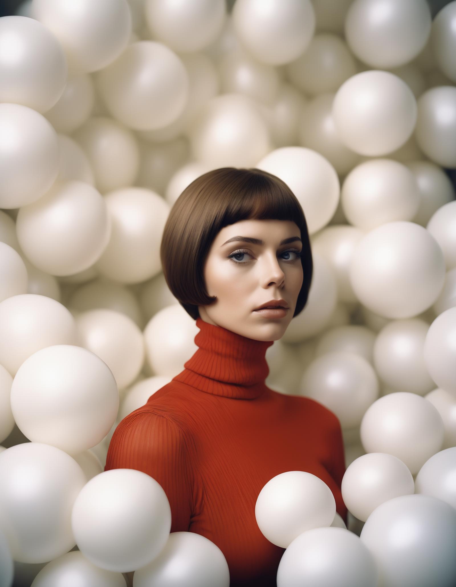 A woman in a red shirt stands in front of a large pile of white balls.