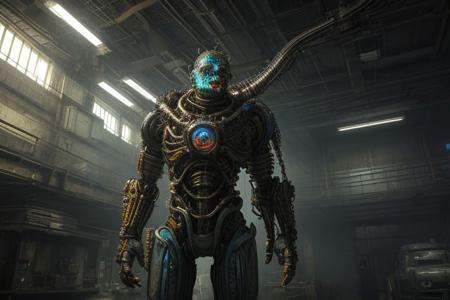 HDR photo of retro biopunk person, wide shot and from below, volumetric lighting . High dynamic range, vivid, rich details, clear shadows and highlights, realistic, intense, enhanced contrast, highly detailed,