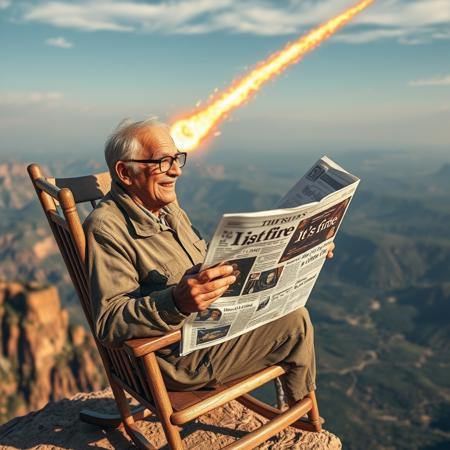Old man wearing glasses sitting in rocking chair on edge of cliff and reading newspaper with cover title "It's fine", (((a meteorite crashing behind him with intense long fire streak))), happy, sunny, warm hues, realistic, photorealism, hd, 8k, high definition, score_9, score_8_up, score_7_up, score_6_up,