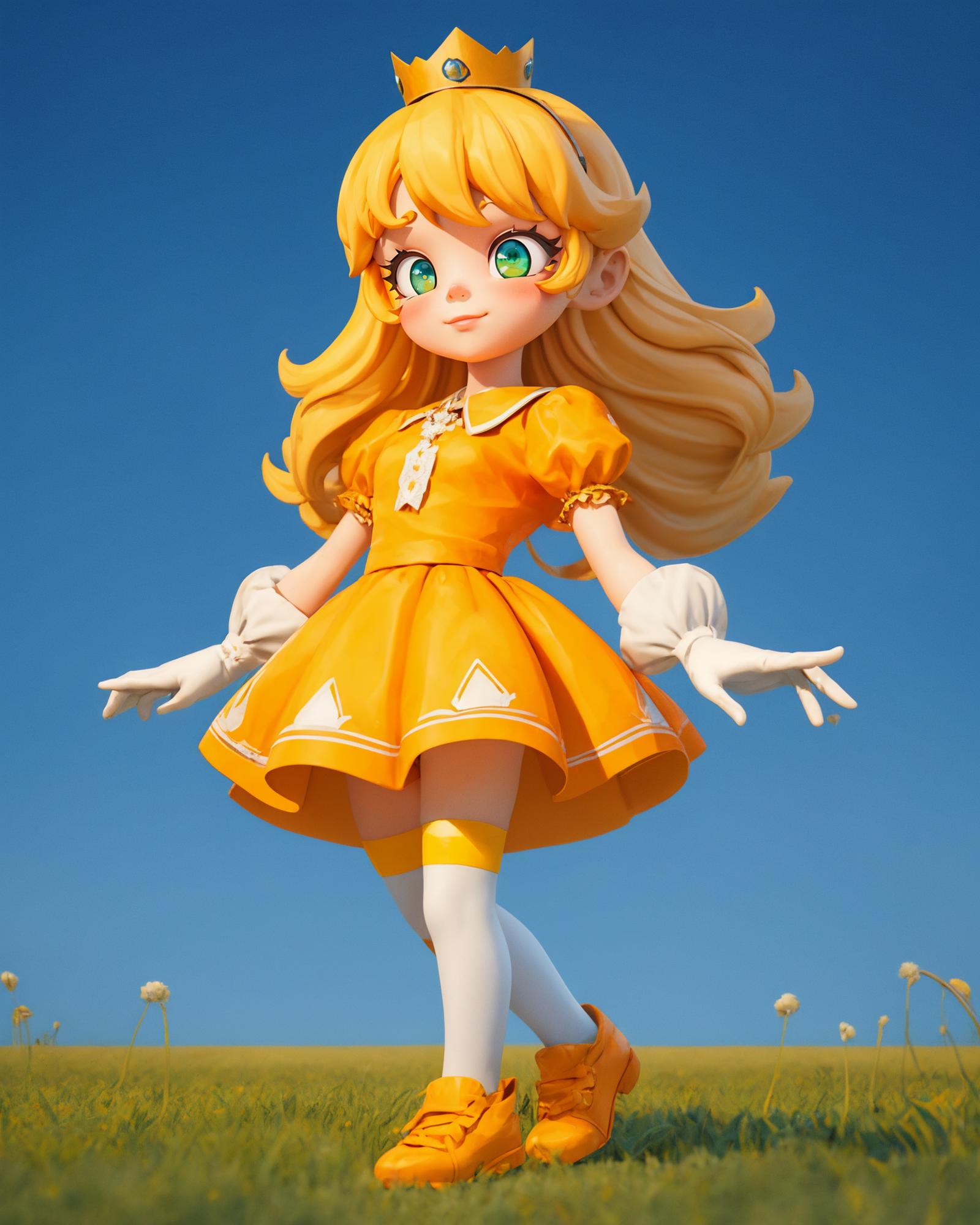 A doll with a bright orange dress posing in the field.