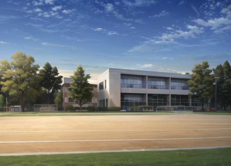 a baseball field with a lighted building in the background. <lora:Moono-10:0.70>