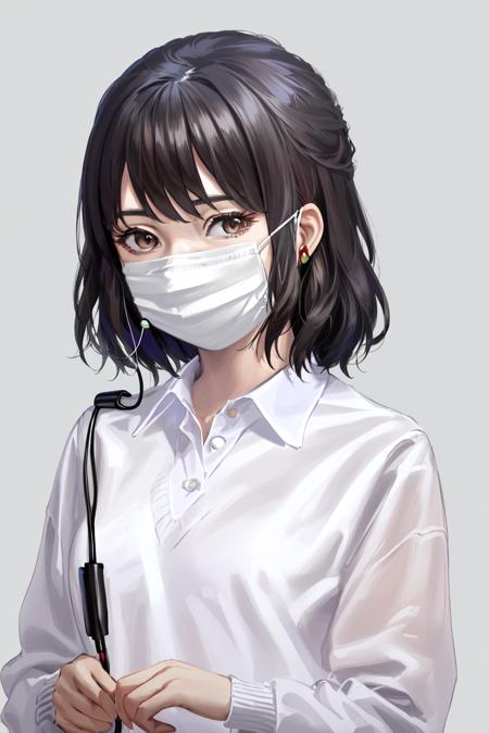 ponstyle, solo, 1girl, mouth mask, mask, looking at viewer, simple background, surgical mask, shirt, white background, collared shirt, white shirt, earphones, medium hair, black hair, upper body, brown eyes, sweater, long sleeves, bangs, white mask, brown hair