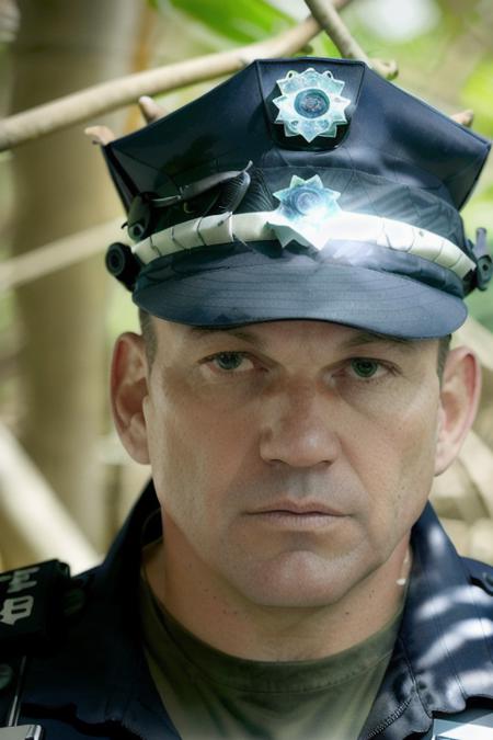 an police man working at a prison yard, in a jungle paradise, (close up), [head shot], raw, 8k, uhd, fujifulm xt3, masterpiece <lora:wadeWiliams:1>