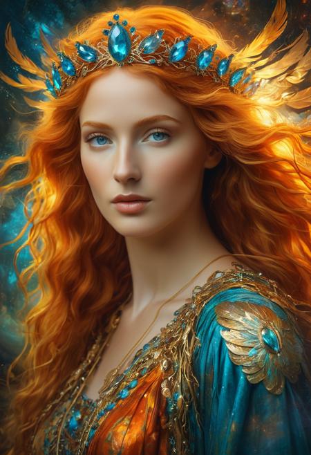 Behold the captivating portrait of Justicia, an orange-haired Roman Goddess of Justice, portrayed in a Pre-Raphaelite time-lapse, with abstract cyber graffiti elements and a mystical aura. This high-resolution, detailed portrait showcases the Midjourney style, featuring an ethereal atmosphere, flowing locks, captivating eyes, and a cosmic, divine presence.
The image boasts vibrant colors, soft lighting, and a professional touch, displaying a digital painting that exudes an enchanting presence and a dreamy, fantasy-like quality. The subject's mesmerizing gaze, detailed and intricate hair, and divine radiance are accentuated by the professional lighting and hyper-realistic 4k 3D rendering.
This portrait embodies a mythical goddess with radiant lighting, scales, a sword, and a blindfold, reminiscent of a phoenix rising from the ashes. The entire composition is elegant, ethereal, and mystical, capturing the essence of a magnificent, radiant, and enchanting female figure.