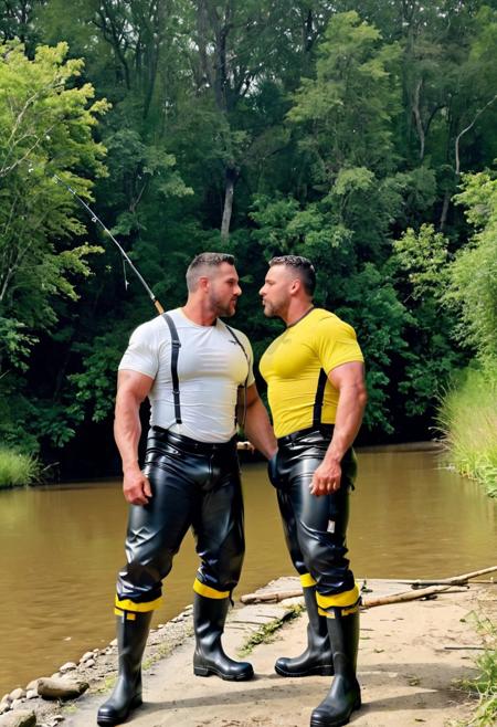 two male fisherman, next to a river, throwing the fishing rod into the water. They have a muscular body, chubby,  handsome,big bulge. They are wearing a white t-shirt and black chest waders rubber boots with yellow strip. kissing, hugging,lying on the floor