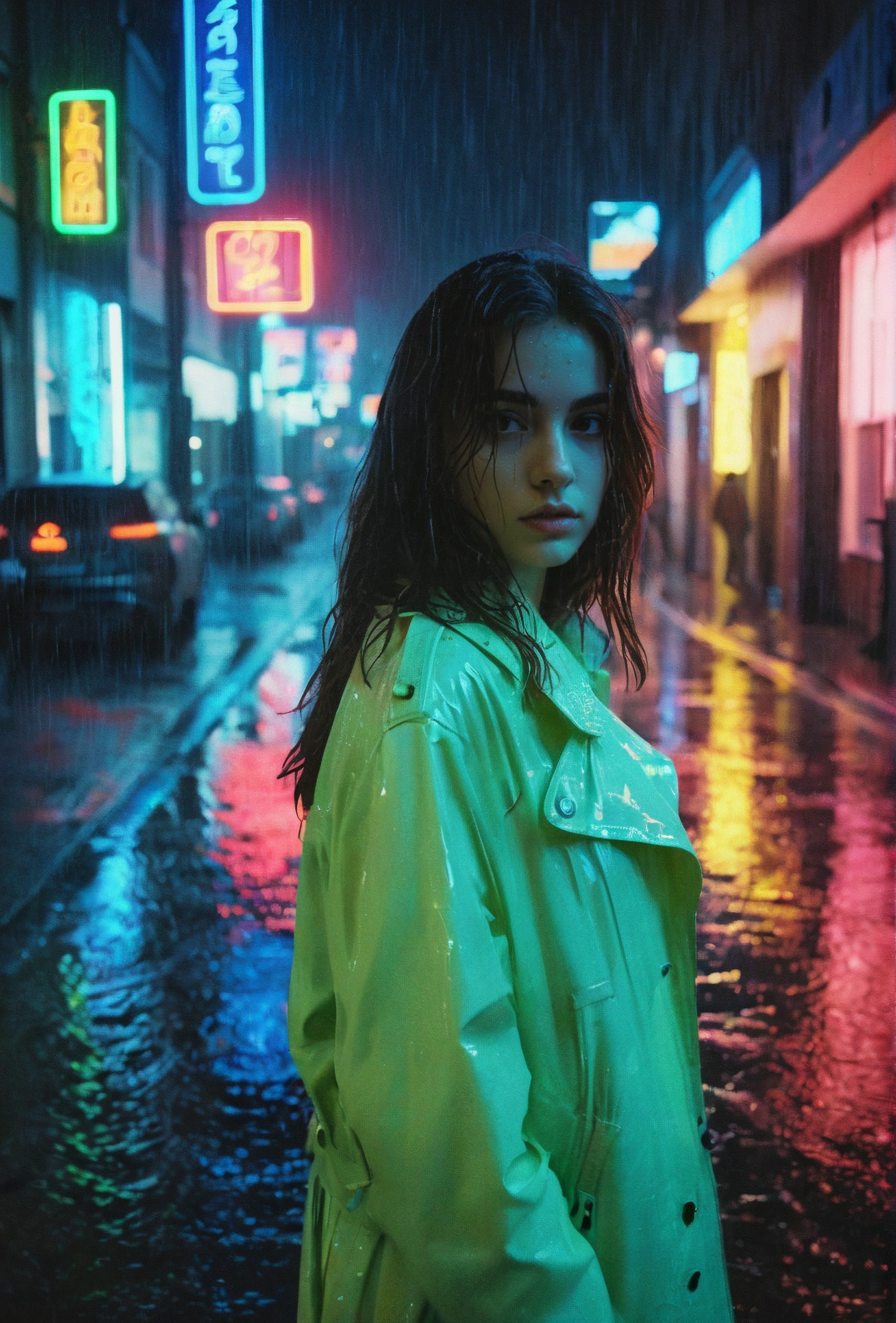 analog photo of a beautiful girl in the rain on neon lit street, in the style of Alessio Albi, (looking at viewer)