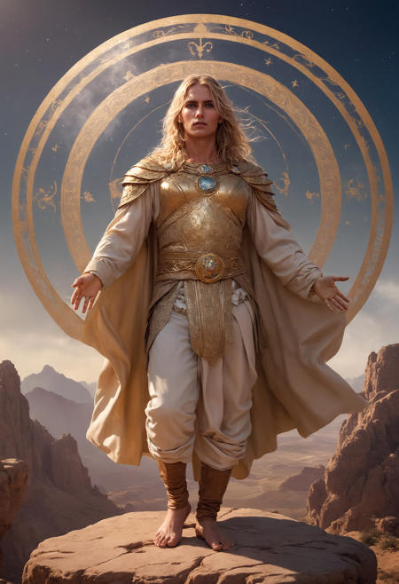 illustration by russ mill, full body shot, a male Virgo warrior, on top of a stone, front angle, shaved, long flowy tunic, long light hair, (astrological aesthetic:1.2), (no weapons:1.1), (no sword:1.1), astrological wheat field background, symmetrical angle, magnificent, celestial, ethereal, (epic:1.1), majestic, fantasy art, cover art, consistent, best quality, high resolution, ultra detailed, 4k, Beige, Light Brown, Light Olive Green