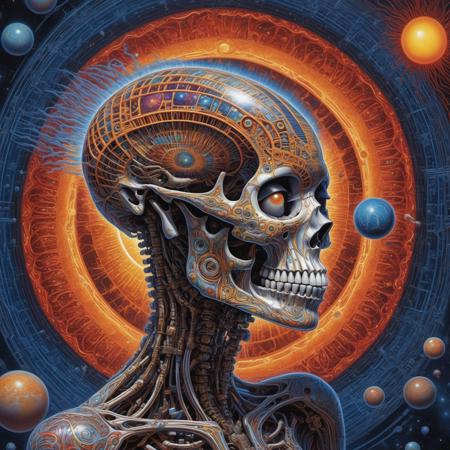 a striking afrofuturistic and biomechanical artwork in the style of Alex Grey, featuring a human with an intricately detailed skull and a visible skeleton within her head. Behind is a backdrop of a vividly rendered solar system, symbolizing a cosmic connection. The scene blends elements of cyberpunk art, with futuristic, mechanical details woven into the anatomy of the figures, creating a powerful visual narrative that captures the essence of both the human and the infinite universe.
